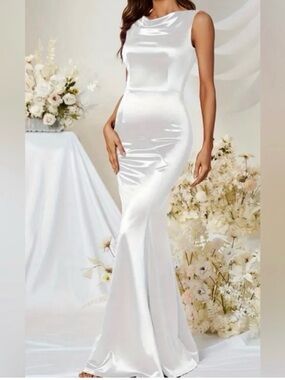 Elegant White Satin Evening Gown - Sleeveless Column Dress